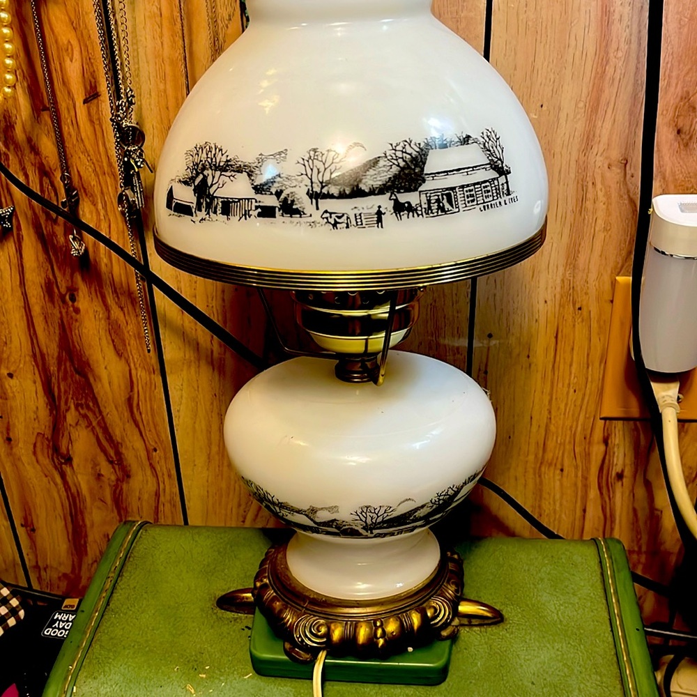 “Currier & Ives” milk glass table hurricane lamp